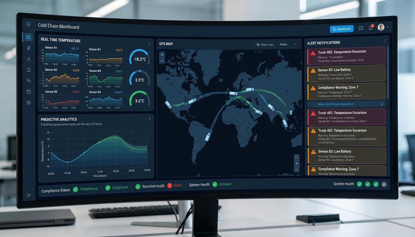 Cloud-based cold chain monitoring software dashboard showing temperature analytics and alerts