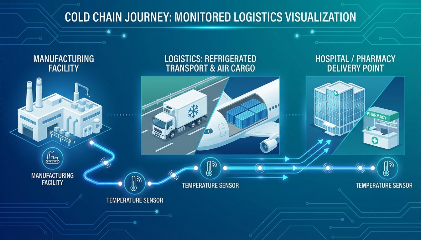 Cold chain supply chain visibility showing temperature tracking from manufacturing to delivery