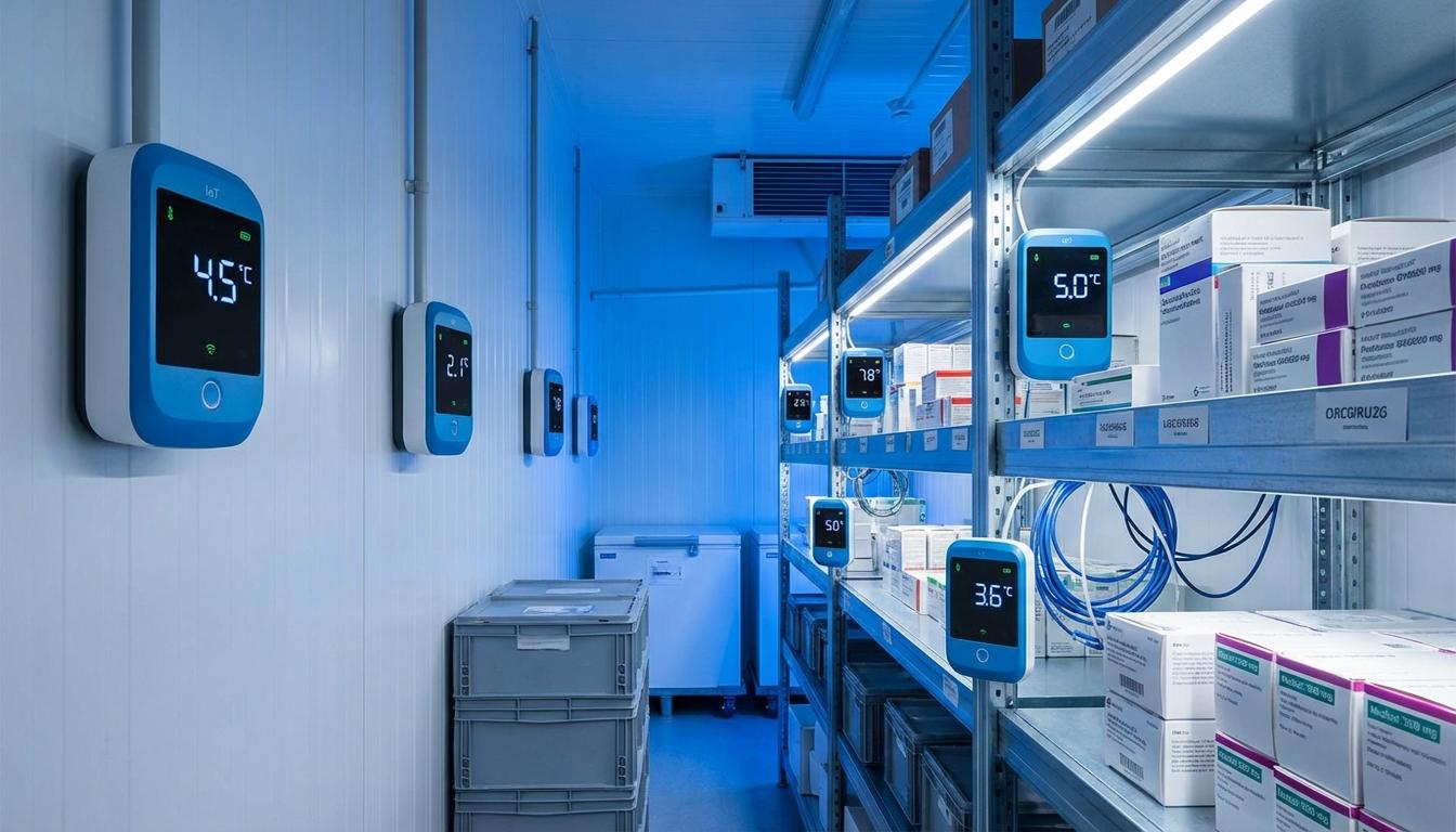Digital temperature monitoring sensors displaying real-time cold chain data in pharmaceutical warehouse