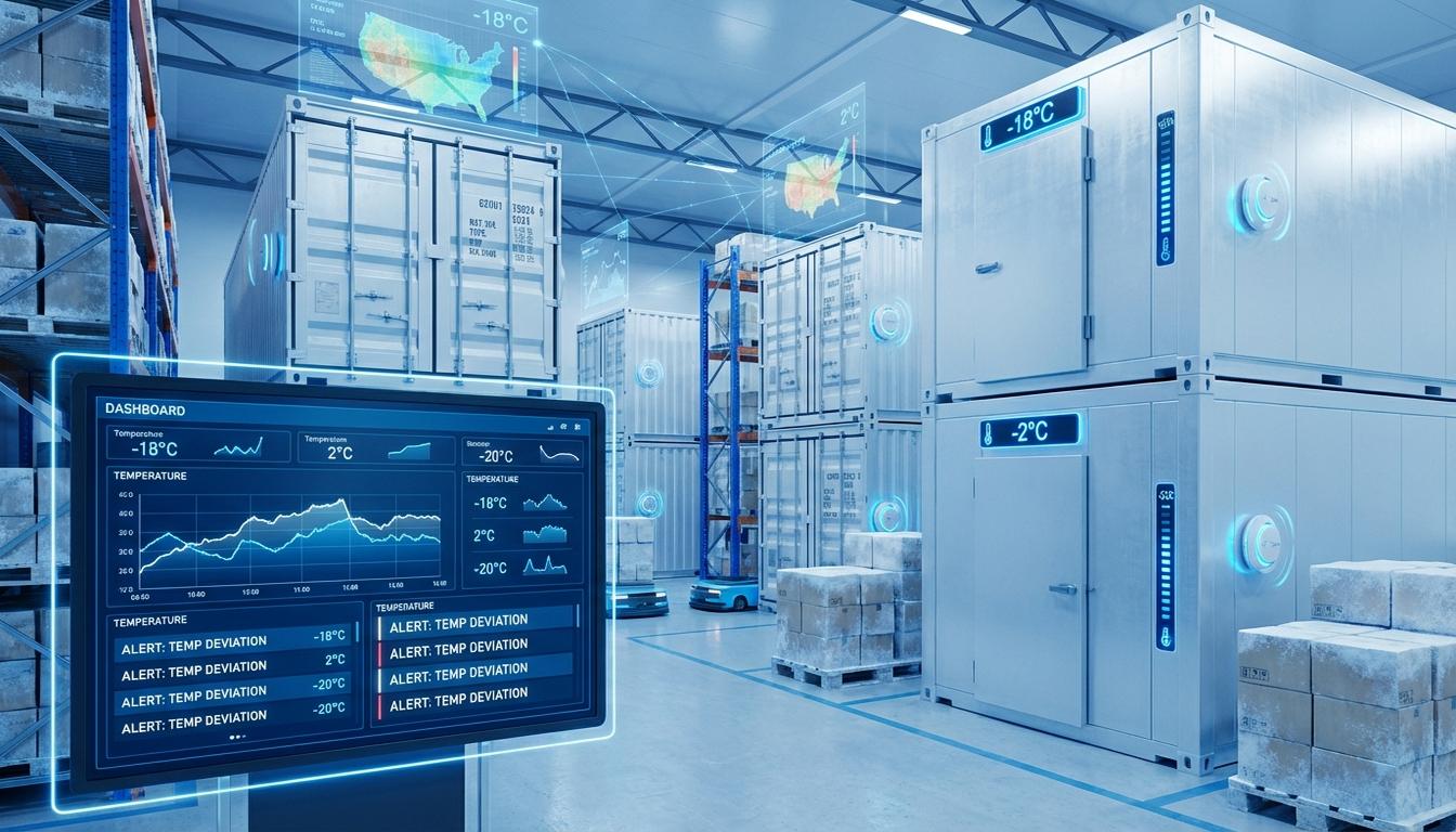 Digital temperature monitoring system displaying real-time cold chain data with IoT sensors on refrigerated containers