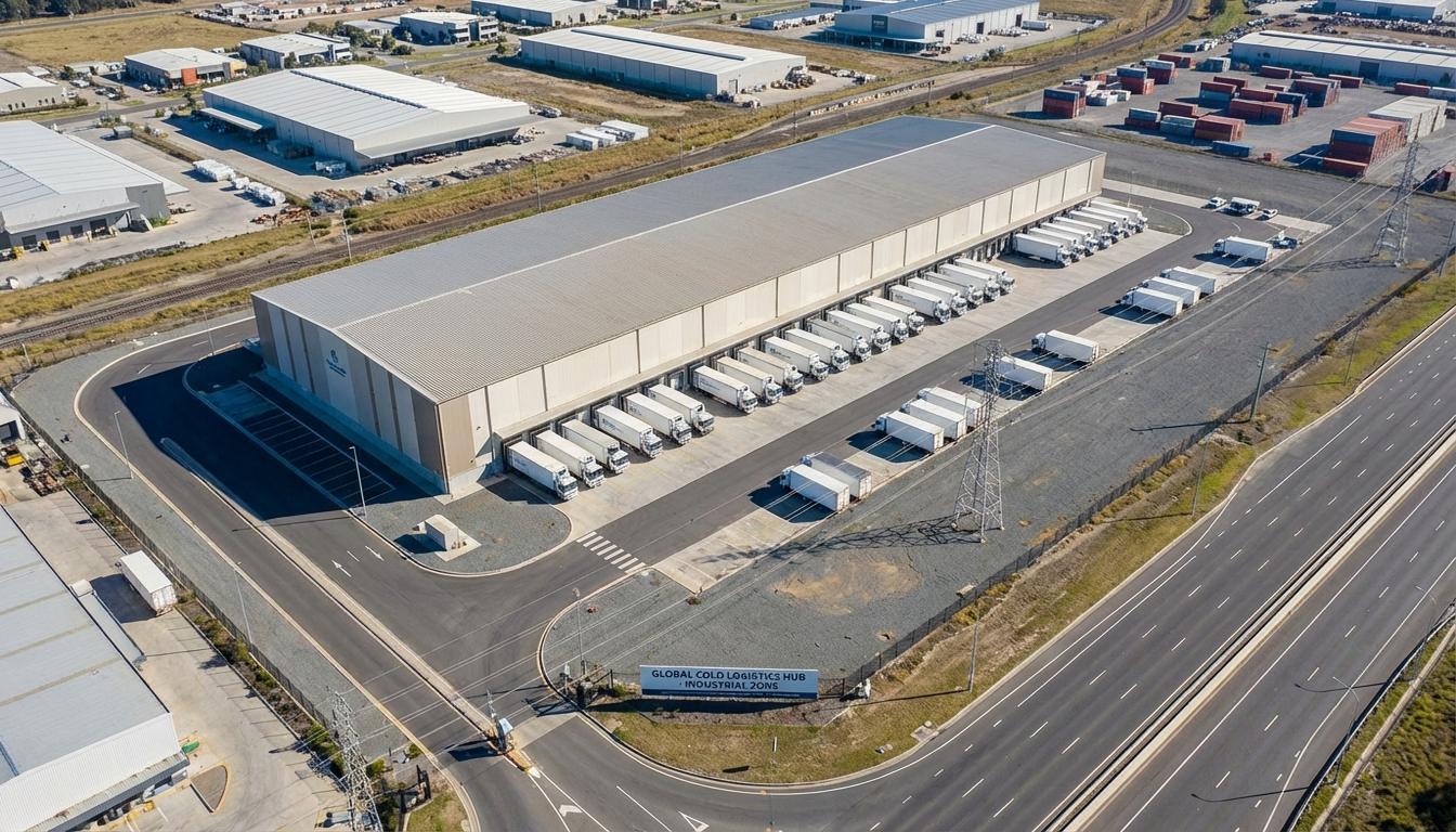 Aerial view of cold storage facility showing loading docks and site orientation for thermal efficiency
