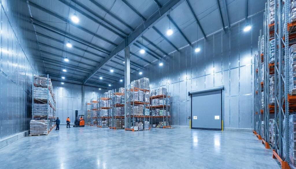 Modern cold storage warehouse interior with insulated panels and temperature-controlled zones