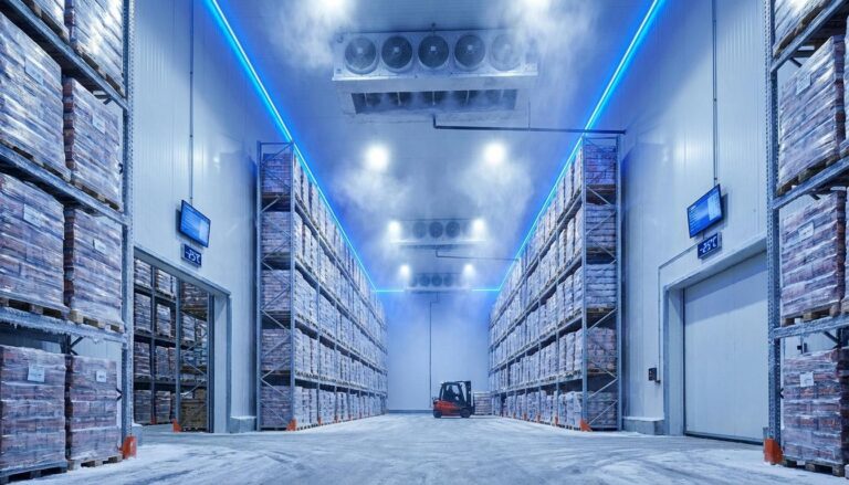 Modern cold storage warehouse interior with refrigeration systems, insulated walls, and frozen goods on industrial racking