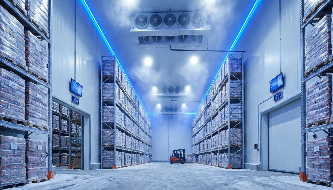 Modern cold storage warehouse interior with refrigeration systems, insulated walls, and frozen goods on industrial racking