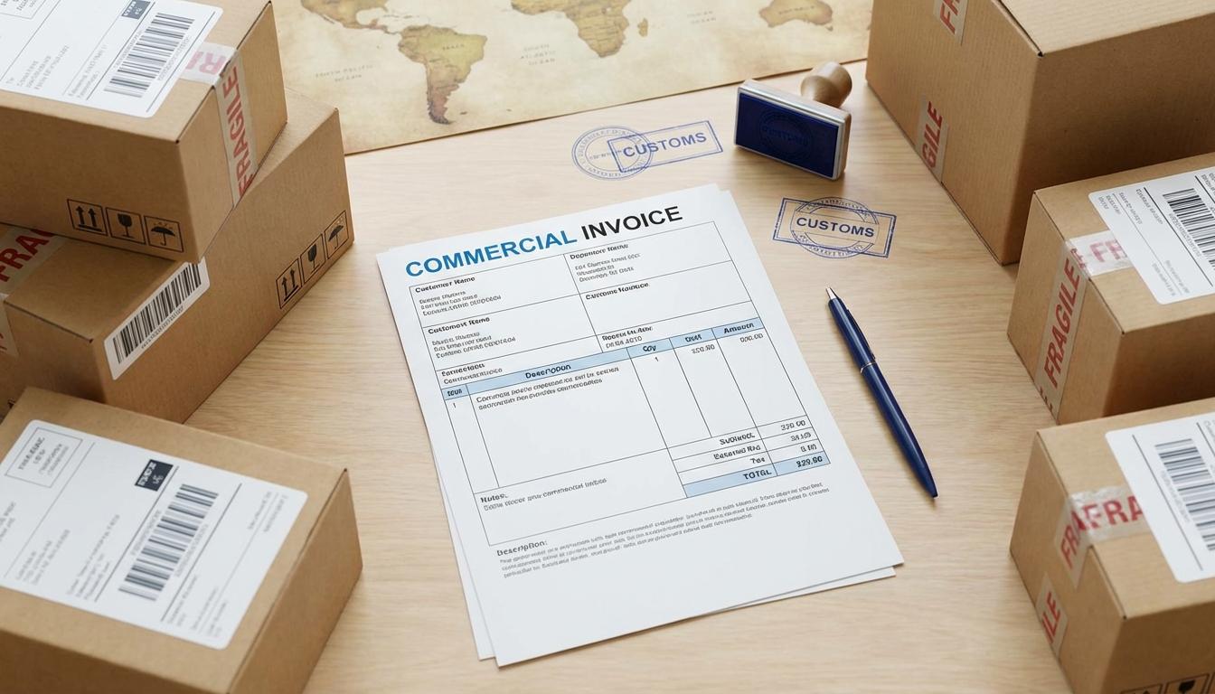 Commercial invoice document for international shipping with customs forms and cargo boxes