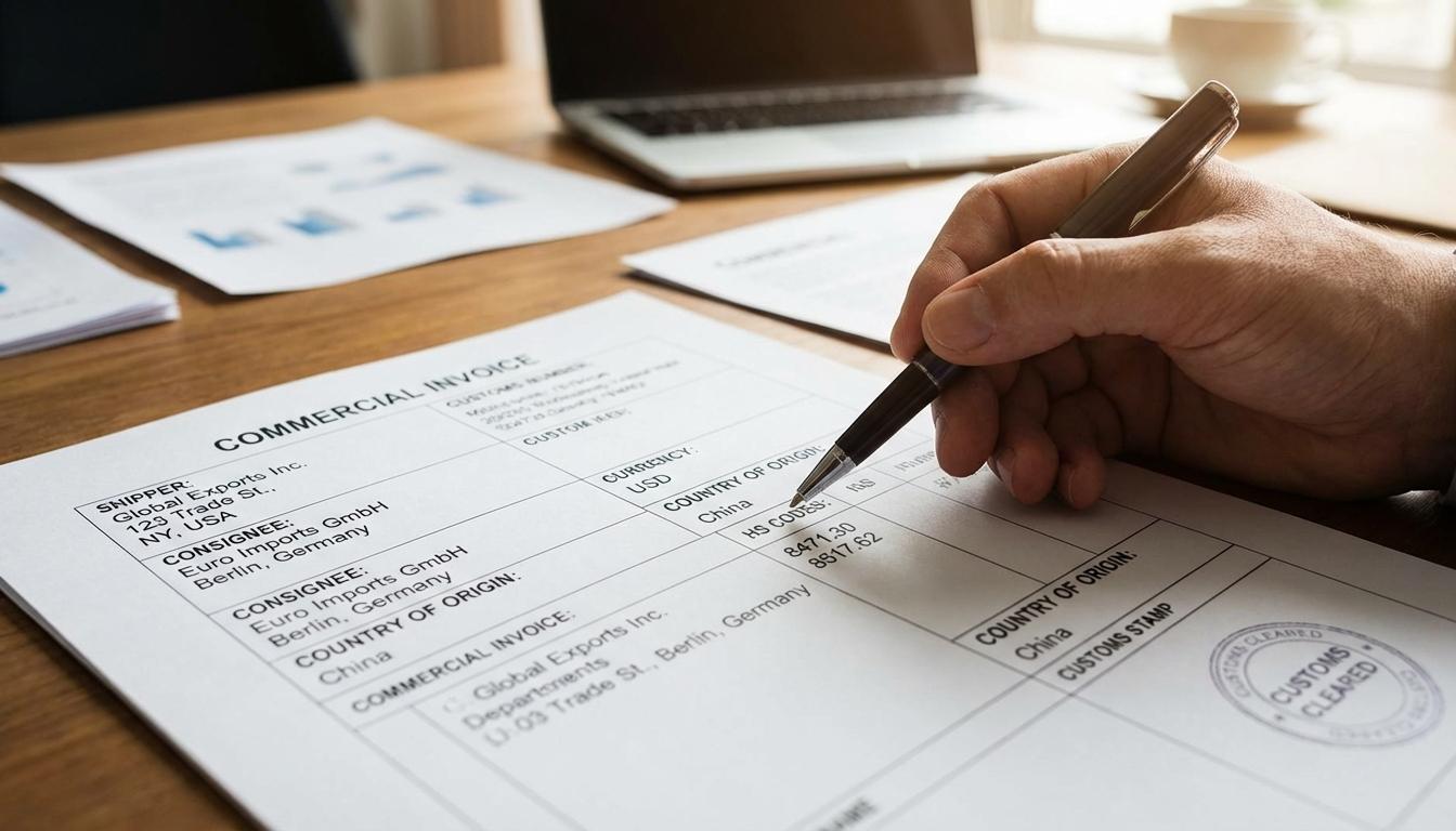 Detailed commercial invoice showing required fields for customs clearance and international trade