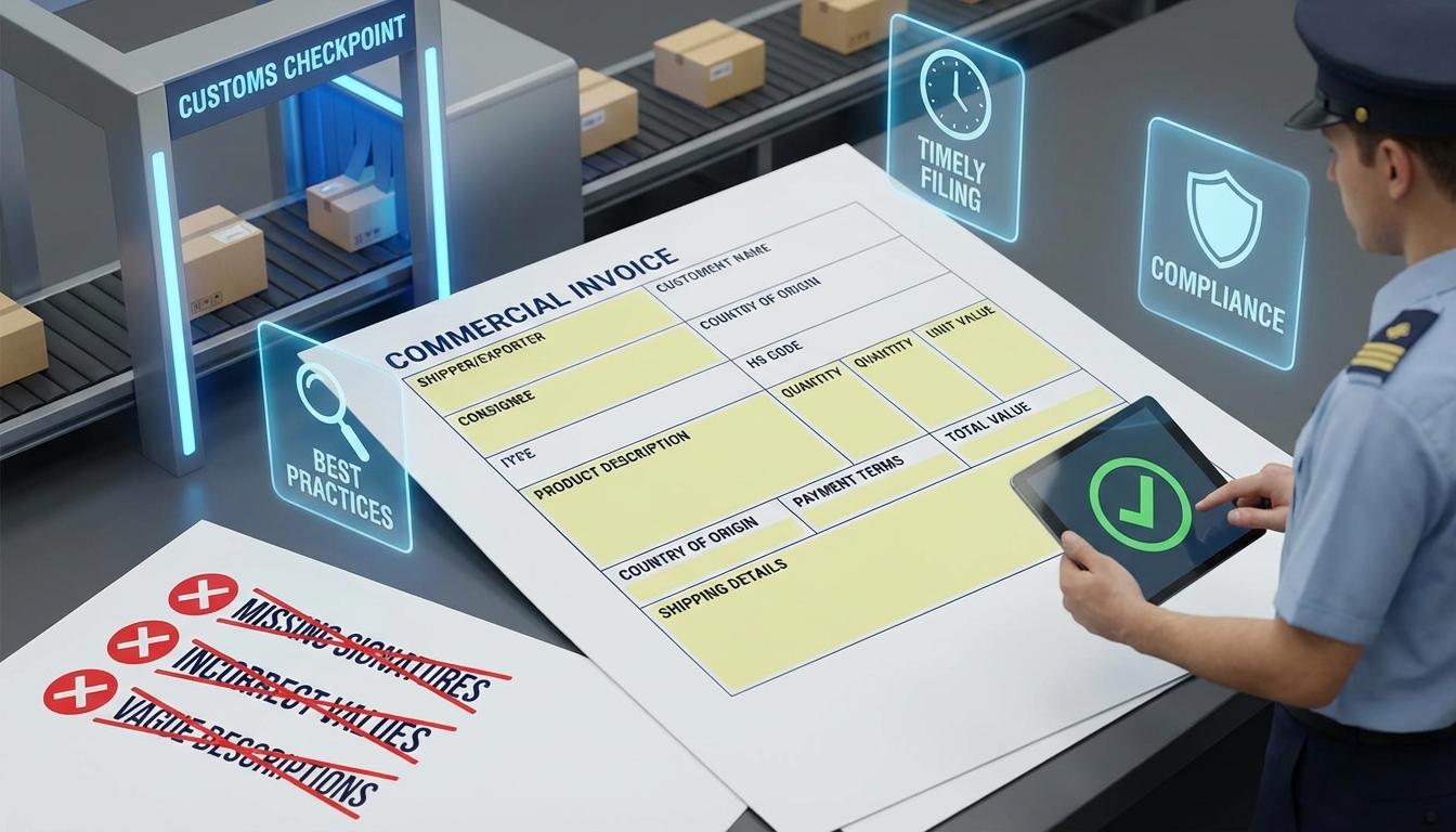 Commercial invoice for international shipping with required fields highlighted showing shipper consignee details product descriptions HS codes values and customs approval process