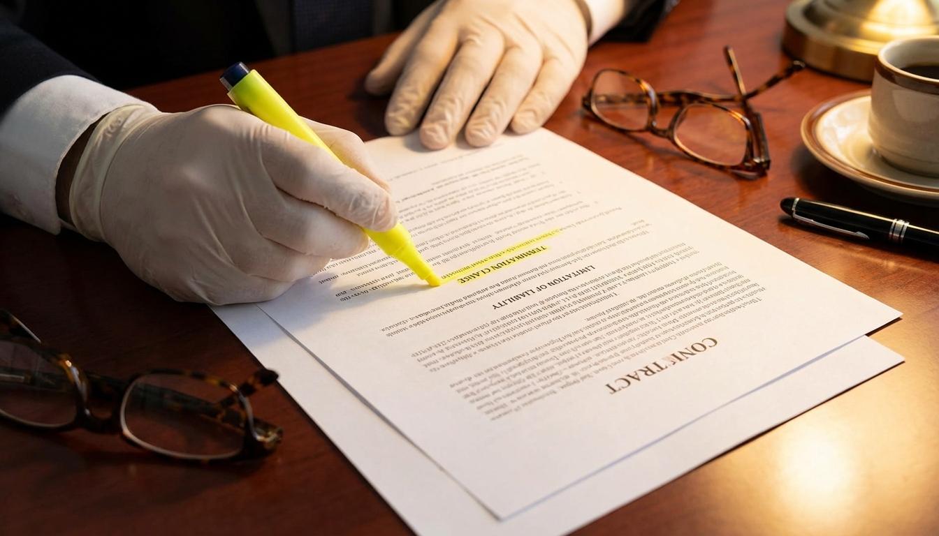 Legal professional reviewing 3PL contract clauses with highlighter and protective terms