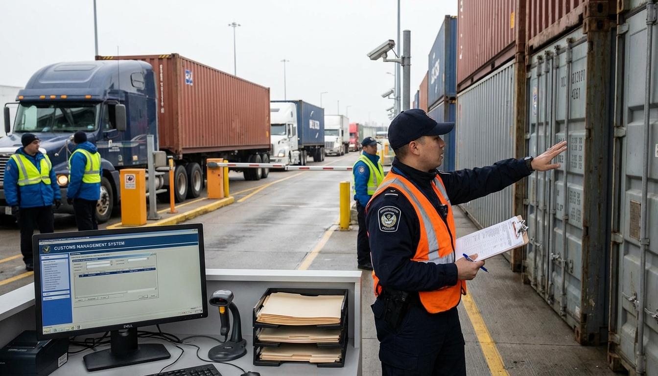 Customs officer inspecting shipping documents and cargo containers at border checkpoint Customs officer inspecting shipping documents and cargo containers at border checkpoint