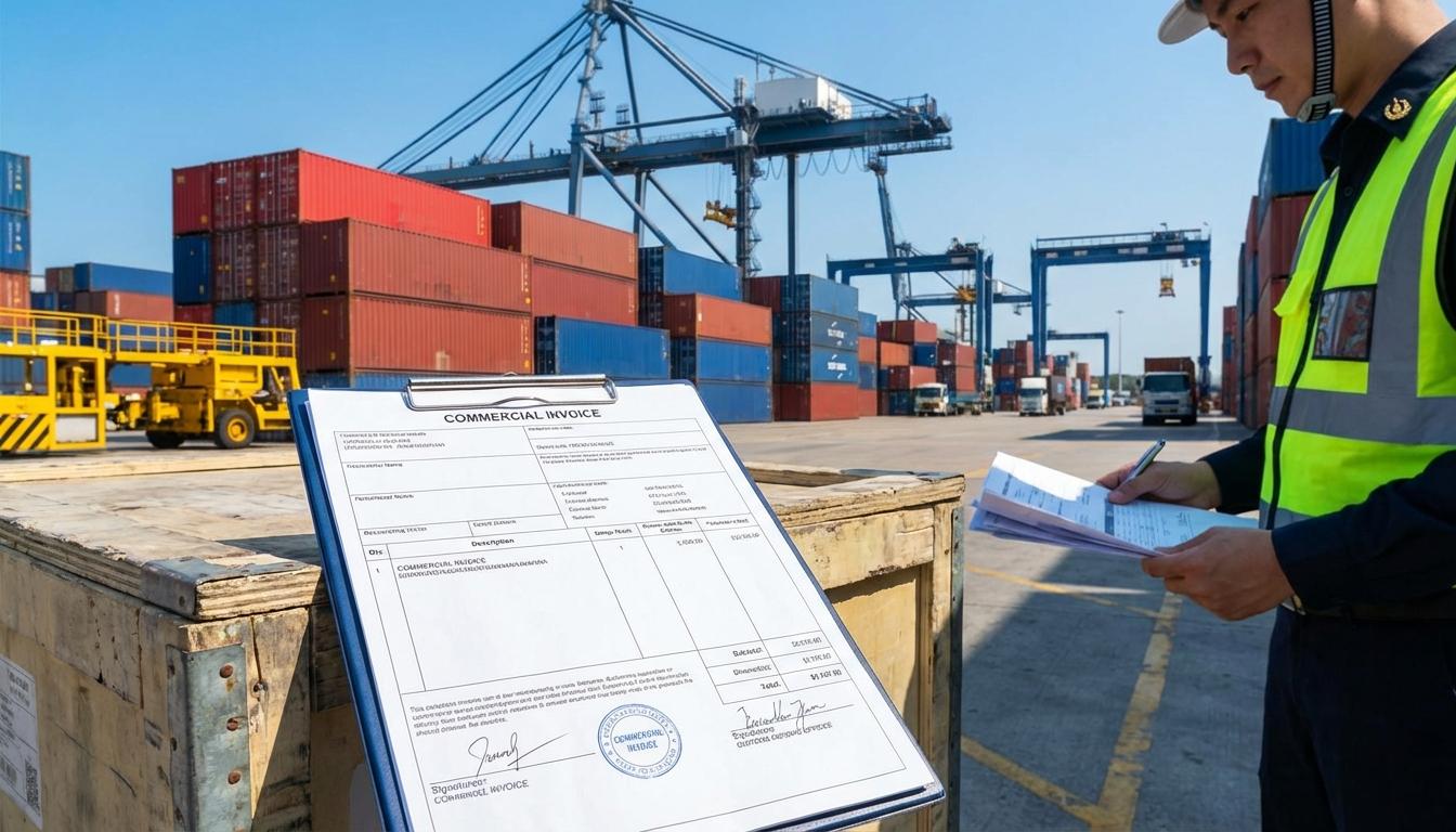 Customs officer reviewing shipping documentation and commercial invoices at port facility