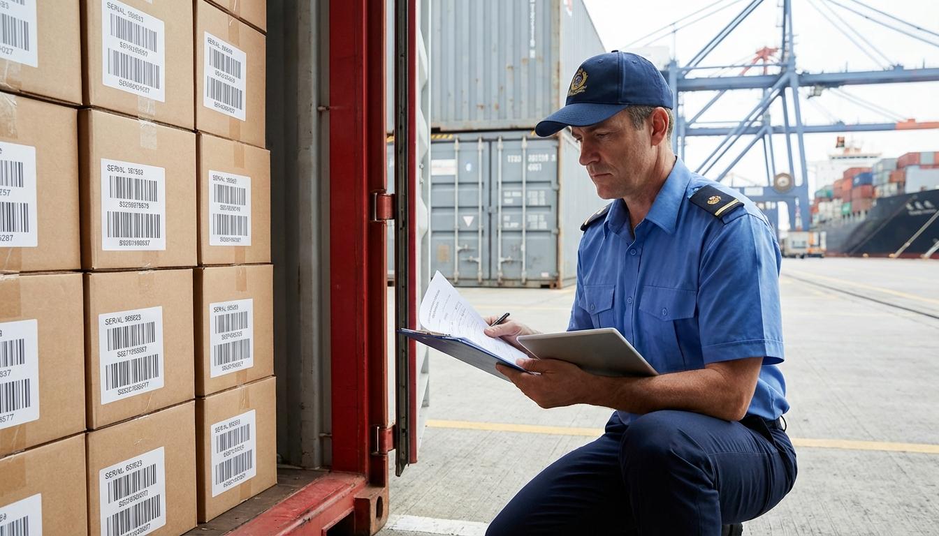 Customs official inspecting cargo shipment with packing list documentation at port