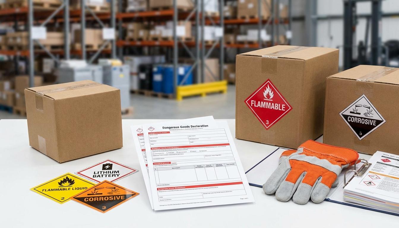 Dangerous goods declaration form with hazmat warning labels and safety packaging materials Dangerous goods declaration form with hazmat warning labels and safety packaging materials