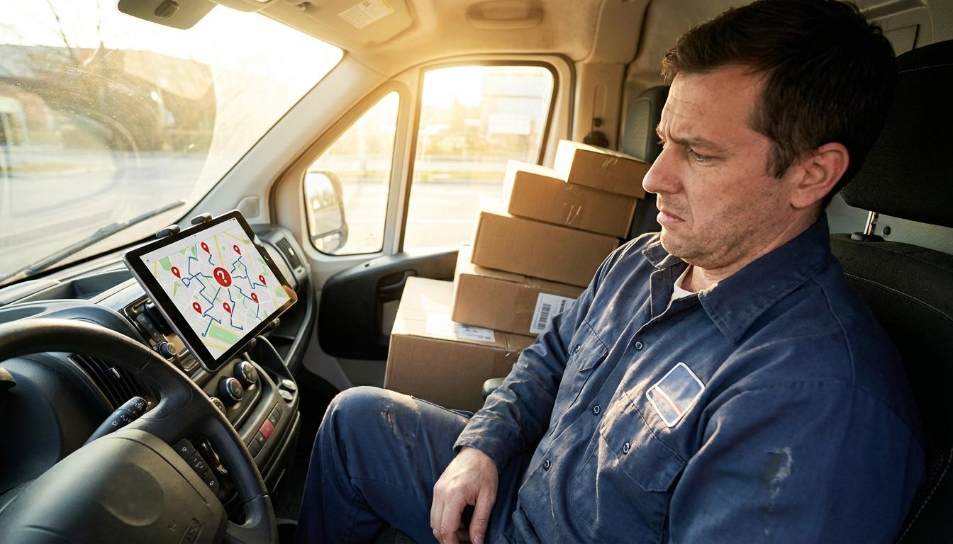 Delivery driver checking GPS navigation for correct address to prevent failed delivery attempts