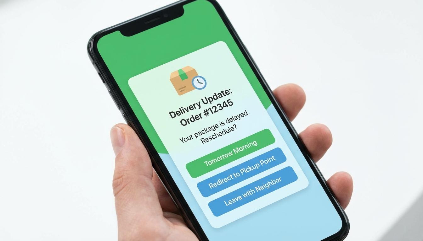 Automated delivery rescheduling options displayed on mobile app after failed first attempt