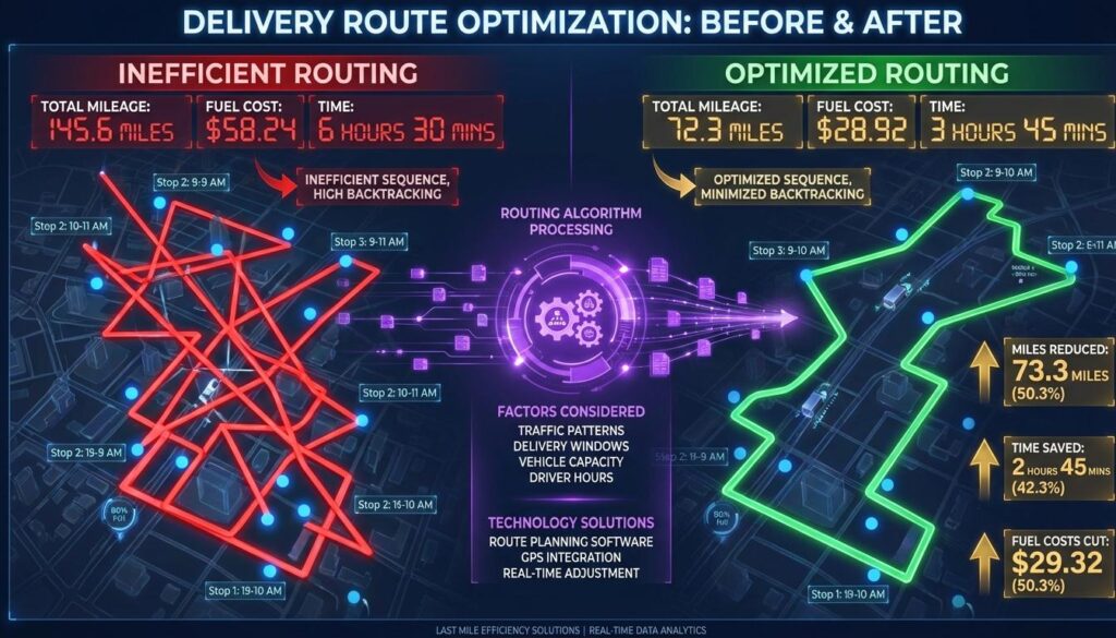 Delivery route optimization comparison showing inefficient tangled routes transformed into optimized logical sequences with mileage fuel and time savings metrics