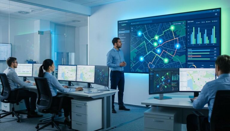 Fleet manager analyzing delivery route optimization software on digital screen with multiple vehicle routes displayed