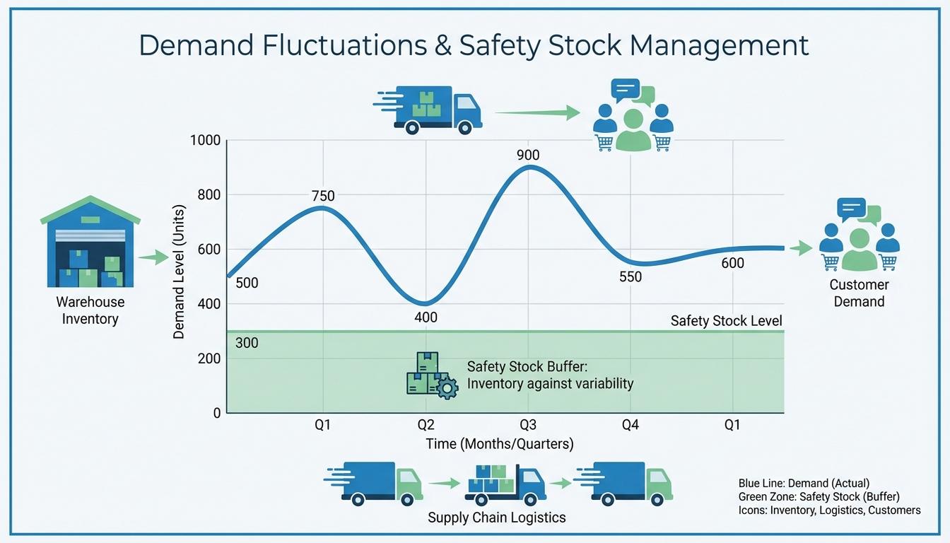 Supply chain demand variability graph showing safety stock buffer protecting against stockouts