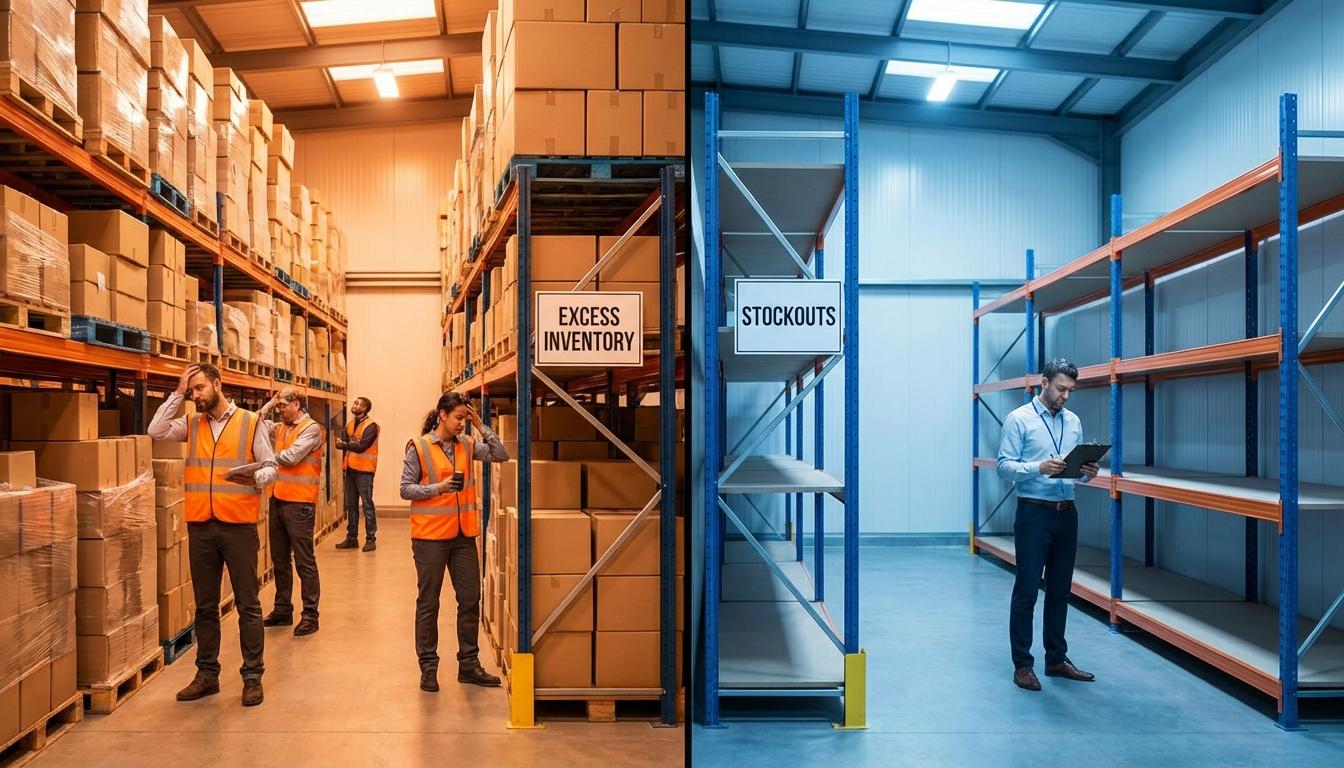 Warehouse showing excess inventory costs and supply chain inefficiency from demand variability