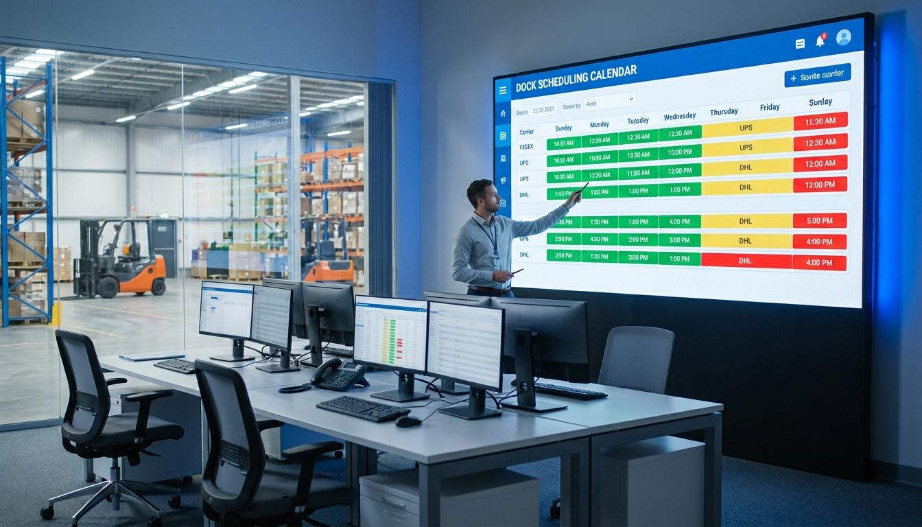 Digital dock scheduling system display showing carrier appointment time slots