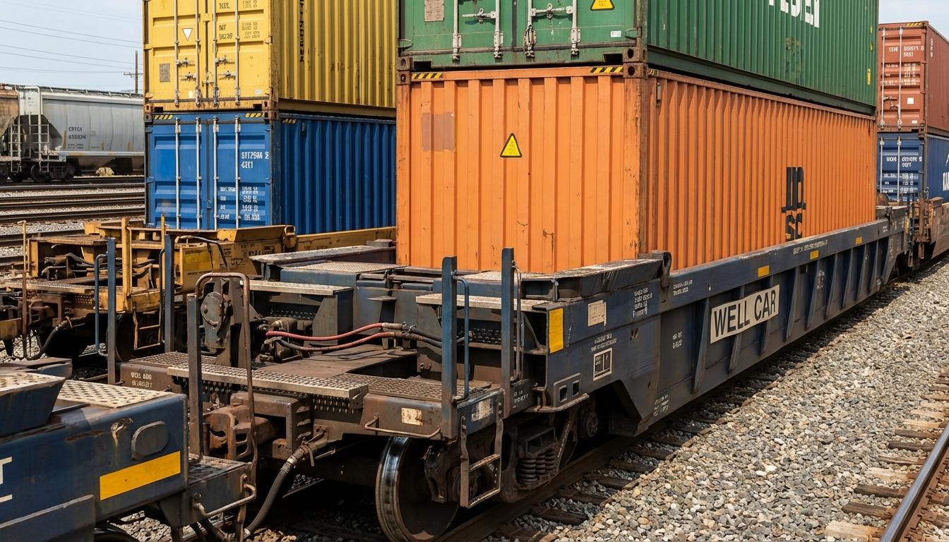 Double-stack well car railcars with containers maximizing freight rail intermodal capacity