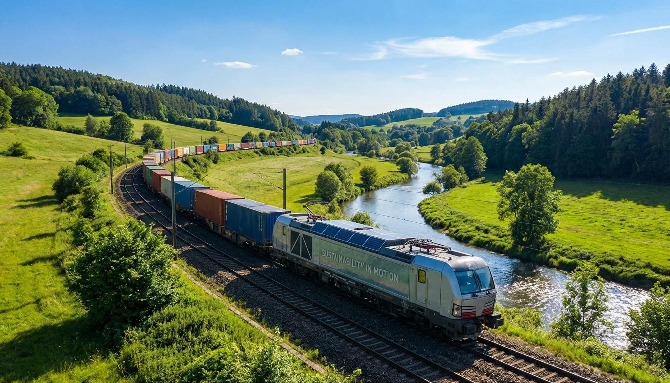 Eco-friendly intermodal rail freight train reducing carbon emissions compared to highway trucking