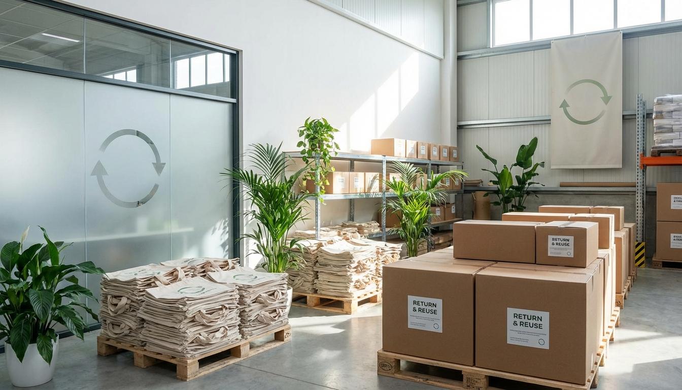 Eco-friendly shipping and circular economy concept with reusable sustainable logistics packaging