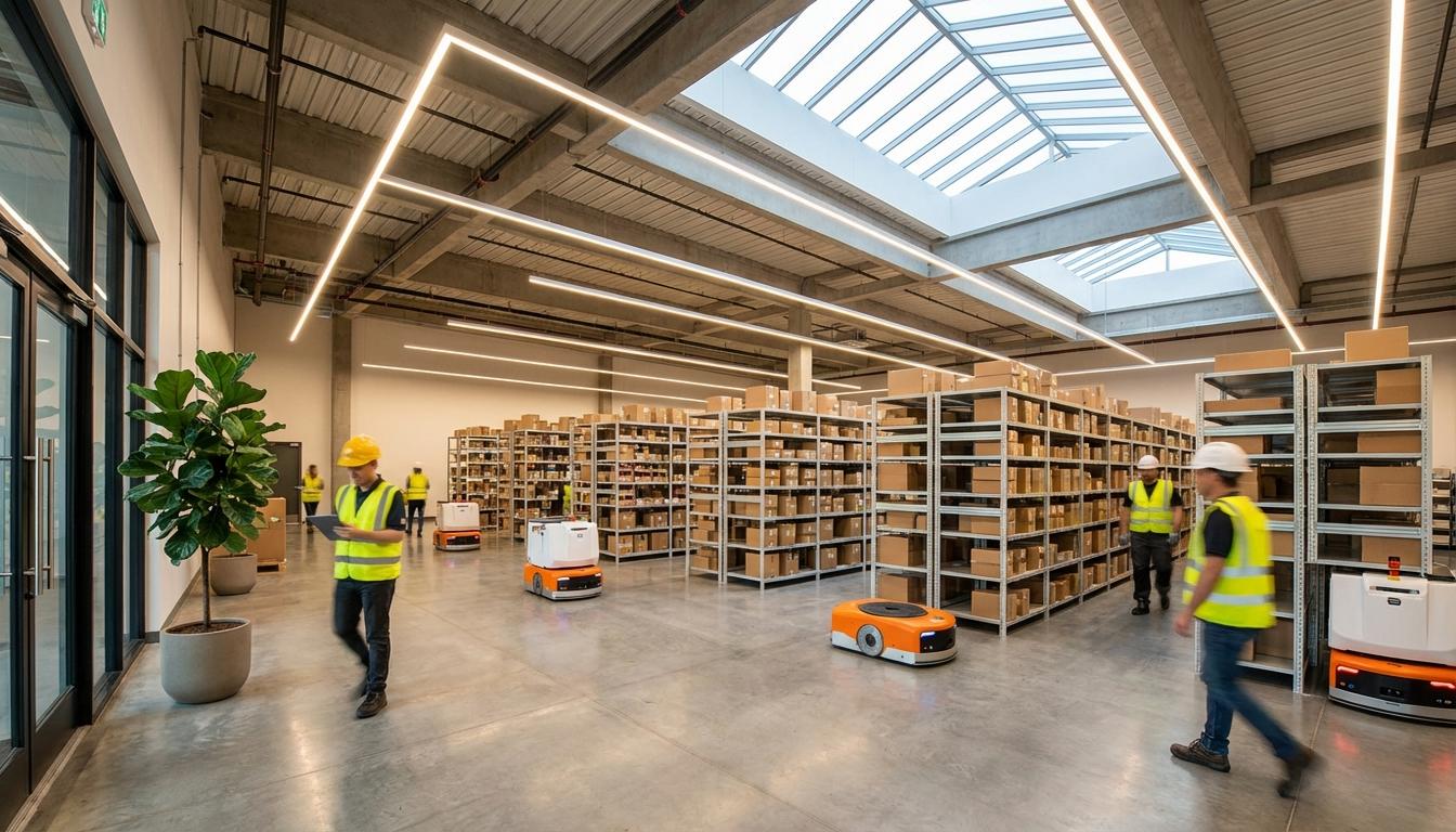Green warehouse interior with LED lighting, solar panels visible, and automated sustainable operations Green warehouse interior with LED lighting, solar panels visible, and automated sustainable operations