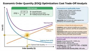 Economic order quantity optimization showing ordering cost and holding cost curves intersecting at optimal EOQ point with formula variables assumptions and practical application