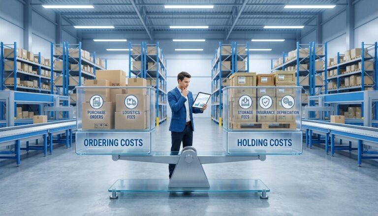 Warehouse manager balancing inventory ordering costs and holding costs for optimal stock levels