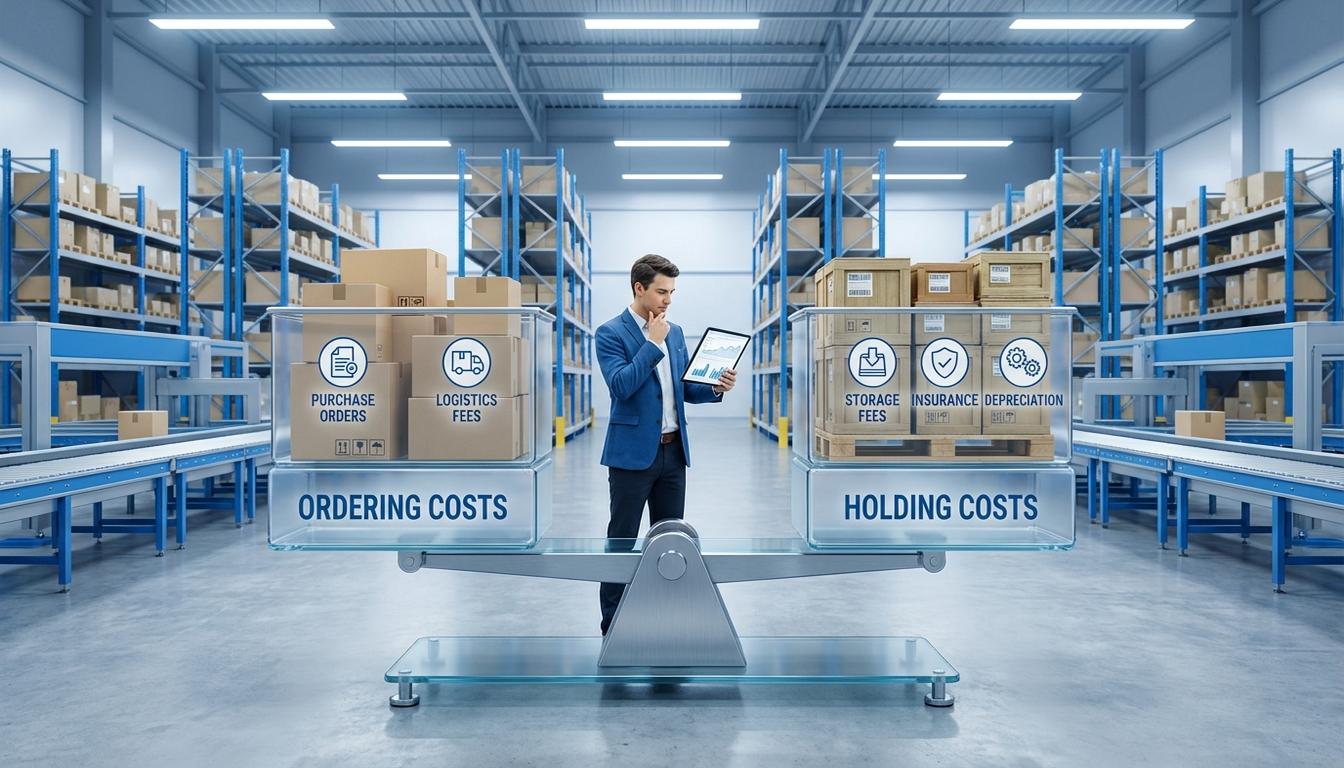 Warehouse manager balancing inventory ordering costs and holding costs for optimal stock levels