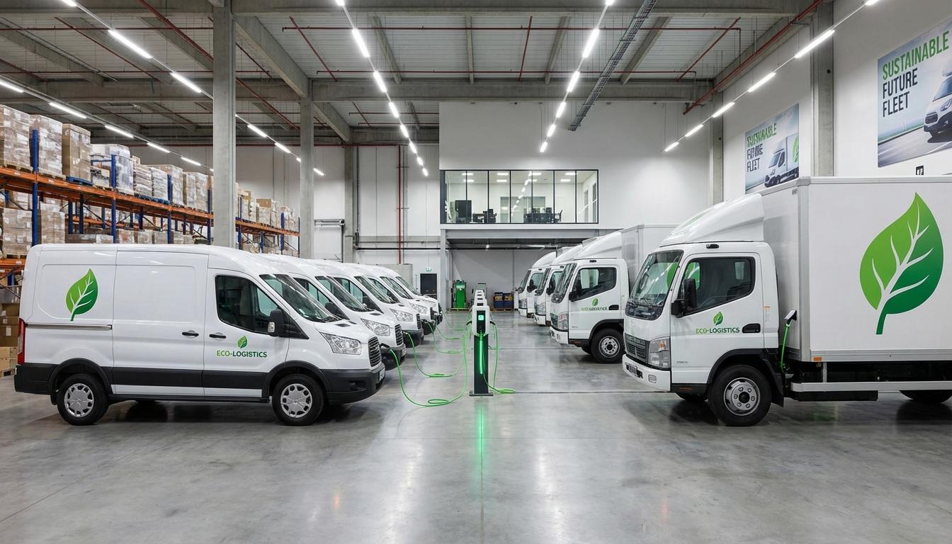 Electric delivery trucks and vans at charging station representing low carbon logistics transportation Electric delivery trucks and vans at charging station representing low carbon logistics transportation