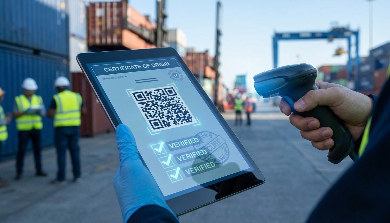 Digital electronic certificate of origin eCO on tablet screen with QR code verification system