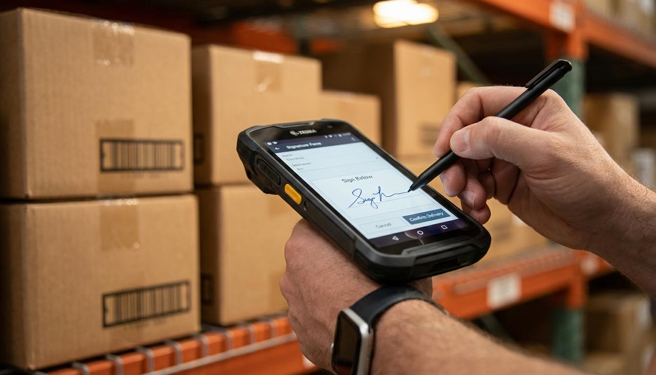 Customer signing digital signature on handheld scanner for ePOD electronic proof of delivery