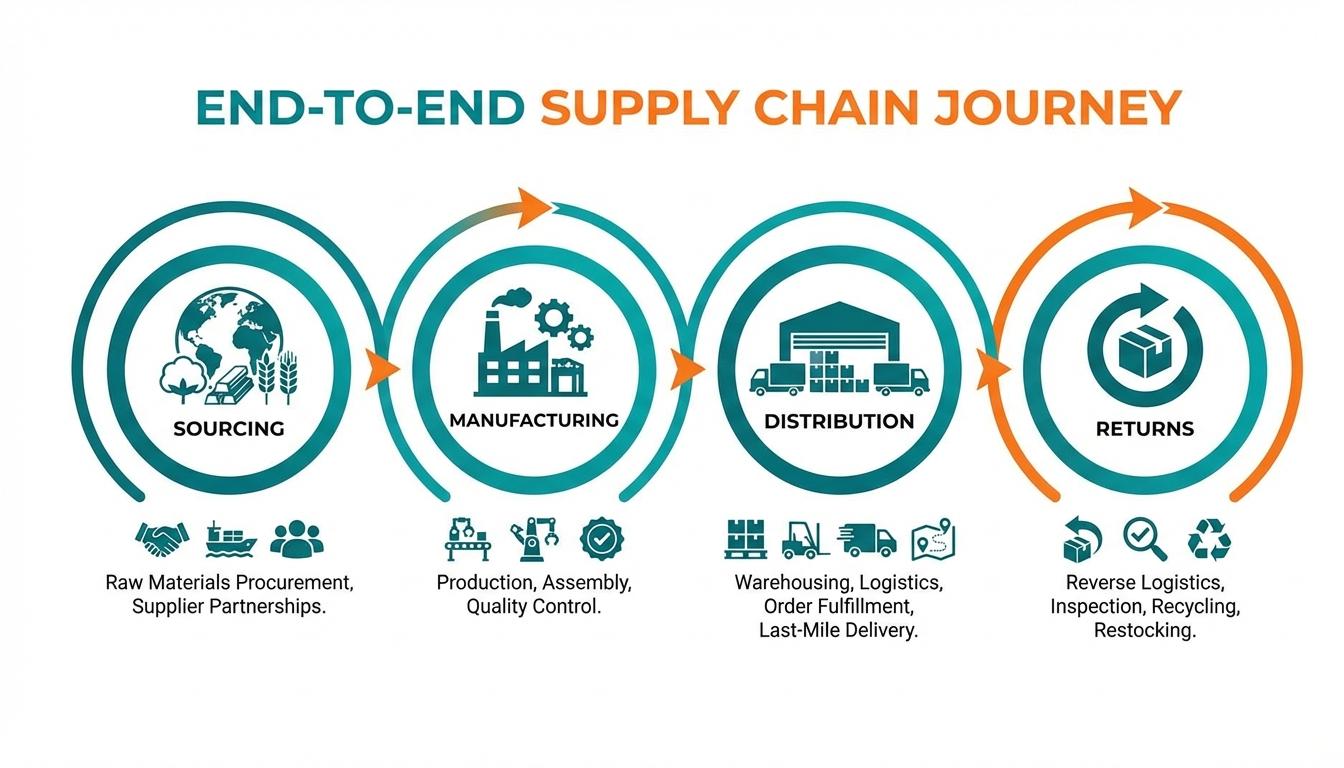 End to end supply chain components from raw materials sourcing to customer delivery and returns