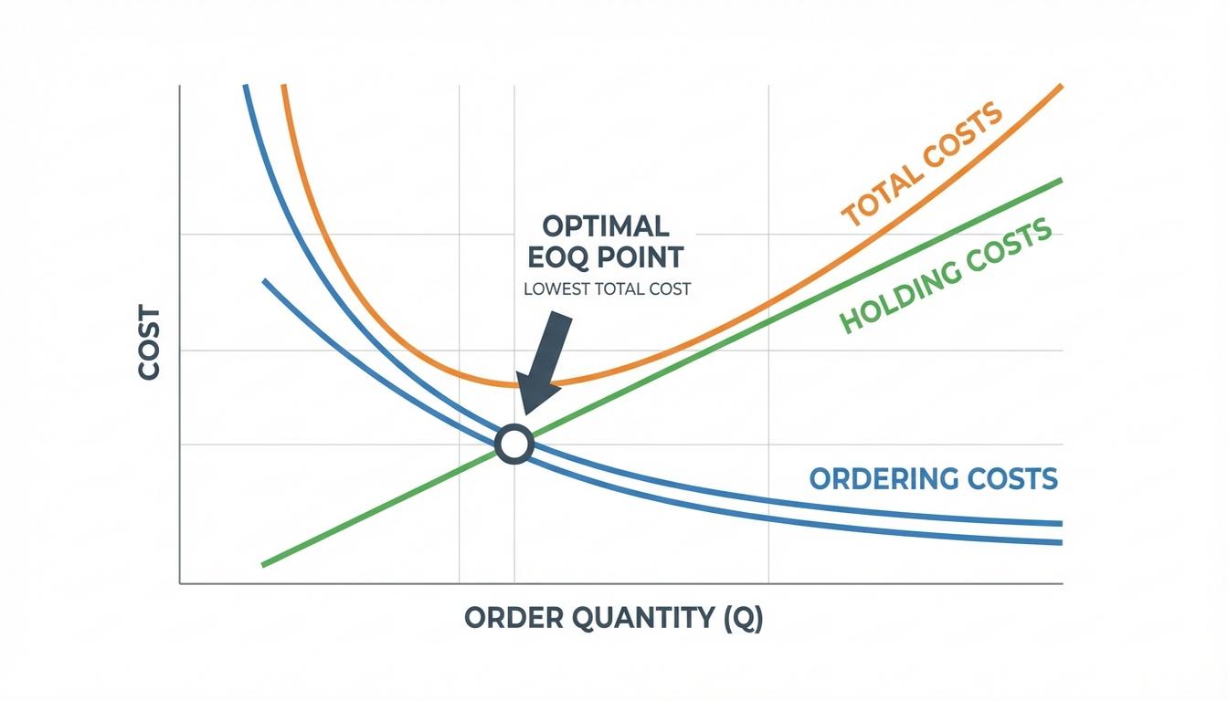 EOQ total cost curve graph showing optimal order quantity at minimum cost intersection point