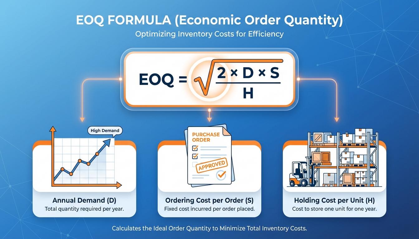 EOQ formula diagram showing demand, ordering cost, and holding cost variables in calculation