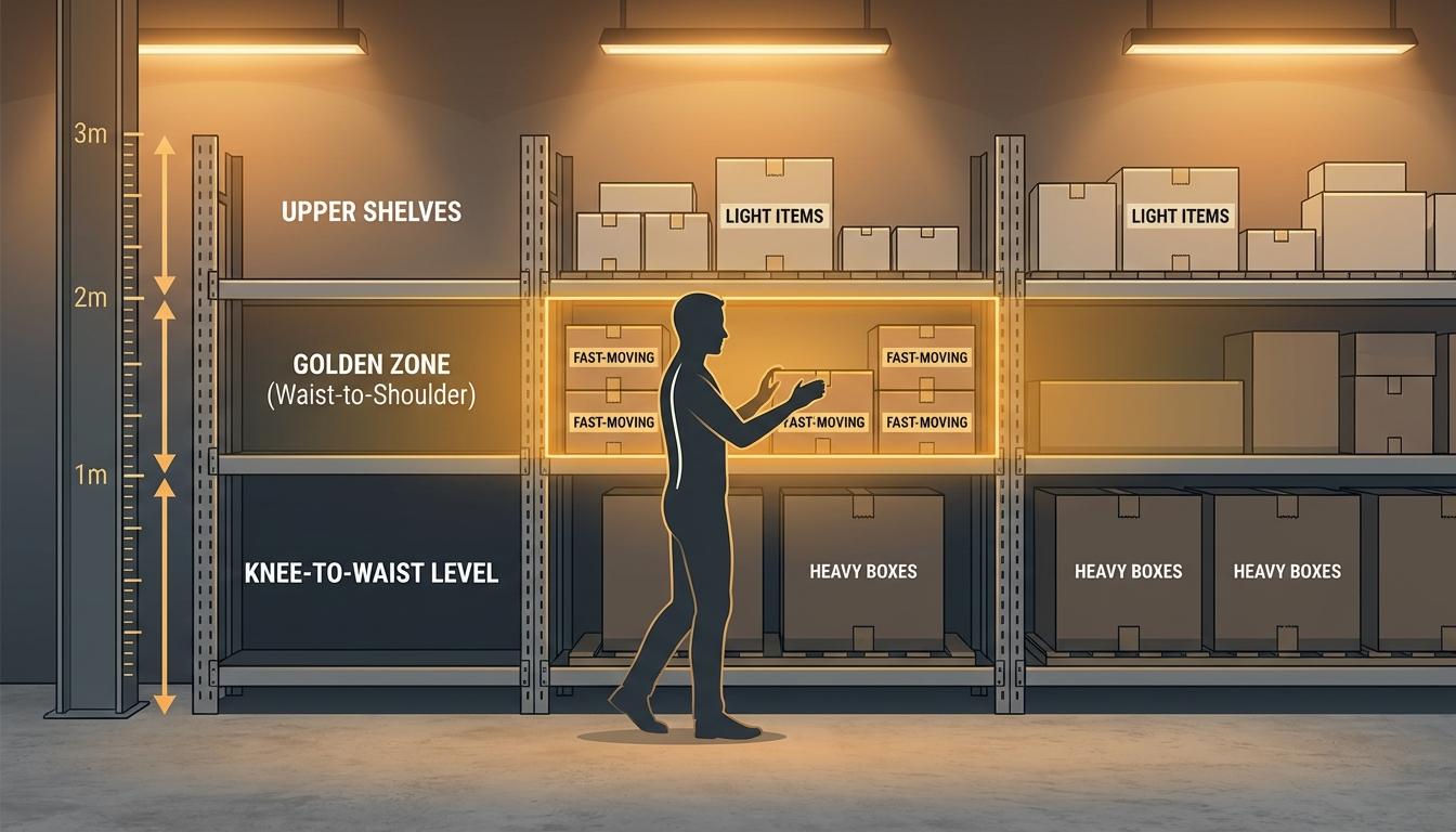 Ergonomic warehouse shelving showing golden zone placement with heavy items low and light items high