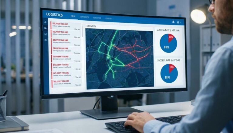 Logistics dashboard showing failed delivery notifications and delivery success rate metrics