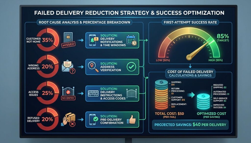 Failed delivery reduction strategies addressing root causes including customer not home wrong address access issues with targeted solutions improving first-attempt success
