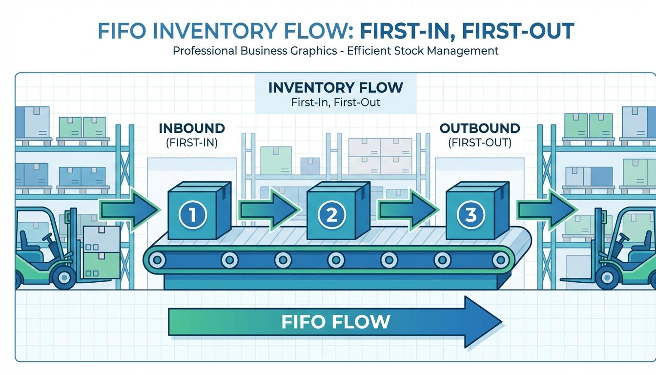 FIFO inventory flow diagram showing first-in first-out method with products moving through warehouse
