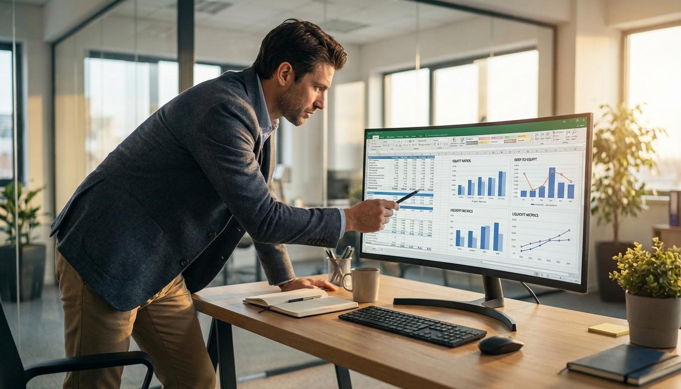 Financial analyst reviewing supplier KPIs including equity ratio and liquidity metrics on screen