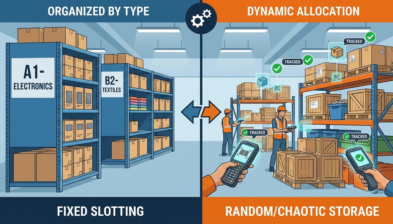 Comparison of fixed slotting with dedicated SKU locations versus random chaotic storage slotting system