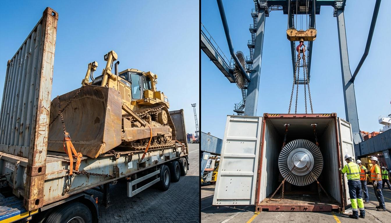 Flat rack and open top containers loaded with oversized heavy machinery and equipment