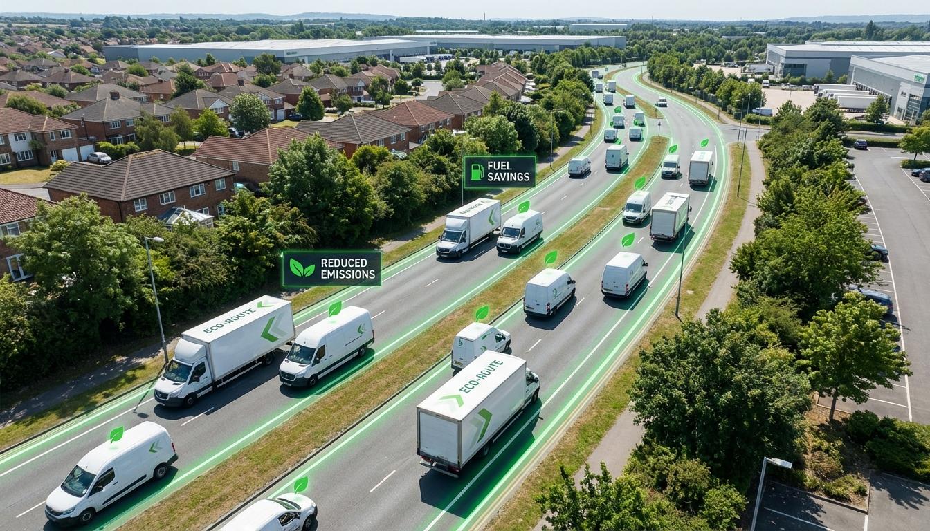 Delivery fleet vehicles following optimized routes resulting in reduced fuel costs and improved efficiency