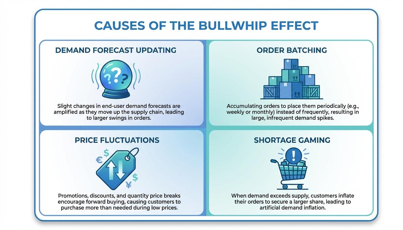 Four main causes of bullwhip effect: demand forecasting, order batching, price fluctuations, and shortage gaming