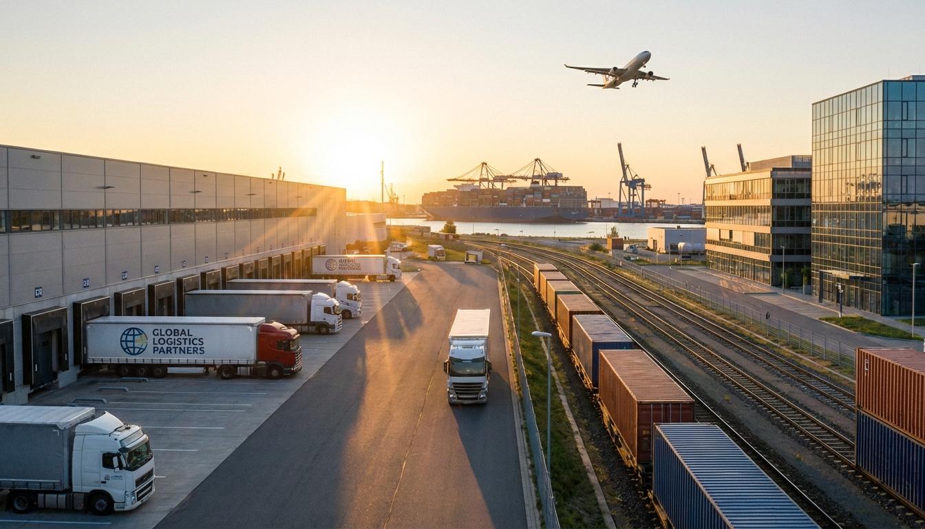 Freight shipping methods comparison showing trucks, trains, ships, and cargo planes at logistics hub