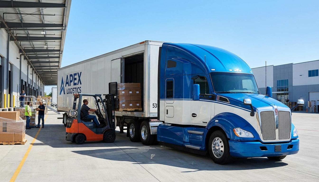 Full truckload FTL shipping with semi-truck trailer being loaded at warehouse dock
