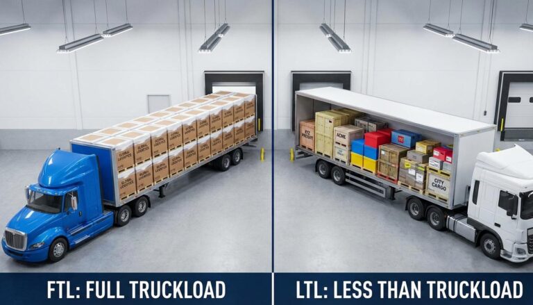 Full truckload FTL vs less than truckload LTL shipping comparison showing dedicated and shared freight
