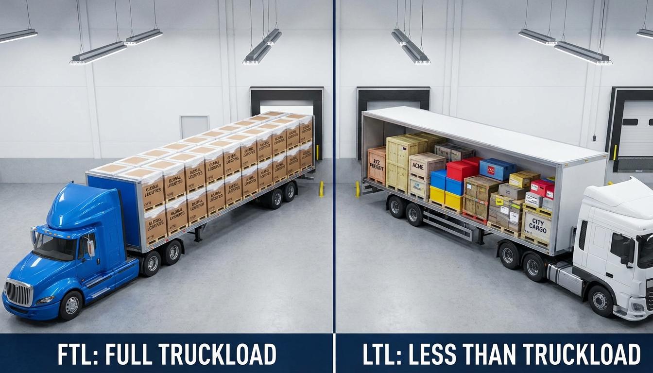 Full truckload FTL vs less than truckload LTL shipping comparison showing dedicated and shared freight