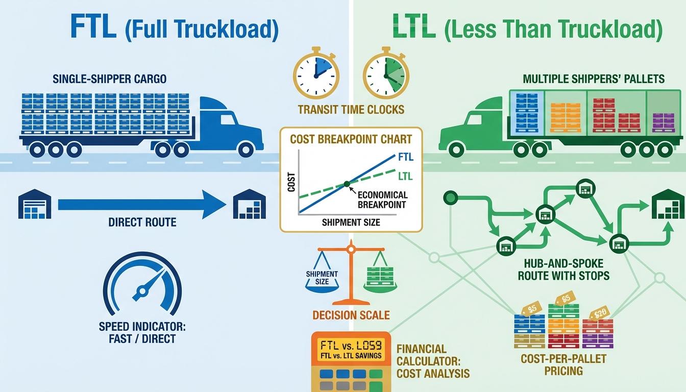 Full truckload FTL vs less than truckload LTL shipping comparison showing dedicated and shared freight